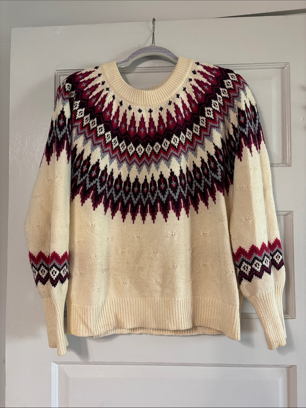 Sundance Cream Fair Isle Crewneck Sweater with Burgundy & Black Accents - Picture 1 of 3